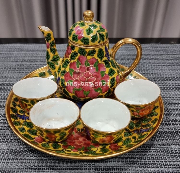 เซรามิคเก่า ขาย ชุดกาน้ำชาโบราณ 7 สี ขอบทอง (ของเก่า ของสะสม ของโบราณ)