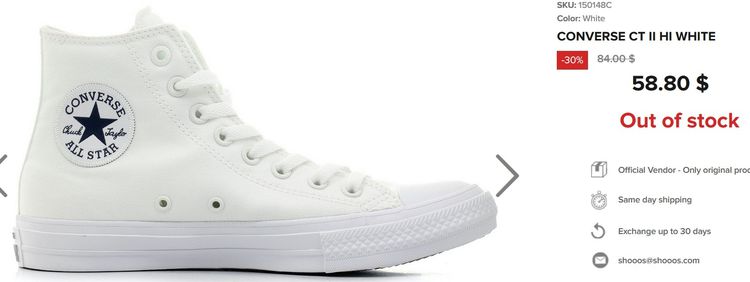 รองเท้าผ้าใบ ผ้าใบ UK 8 | EU 42 | US 8.5 ขาว รองเท้า CONVERSE ALL STAR CT II HI WHITE
