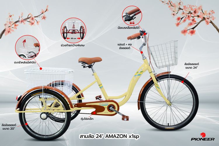 จักรยานสามล้อ Amezon 1 สปีด ล้อหน้า 24 ล้อหลัง20 ในแบรนด์ Pioneer โฉมใหม่ 2023 ดีไซน์สวย ราคาประหยัด •	ตัวถัง+ตะเกียบ เหล็ก •	แฮนด์+คอ อัลลอ รูปที่ 3