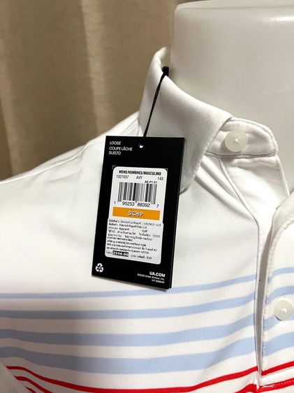 เสื้อกอล์ฟ Under Armour Men's UA Playoff 2.0 Shift Golf Polo Shirt สีขาวลายฟ้าส้มกรมแถบเล็ก Size S อก 38" วัดก่อนยืด MADE IN JORDAN รูปที่ 6