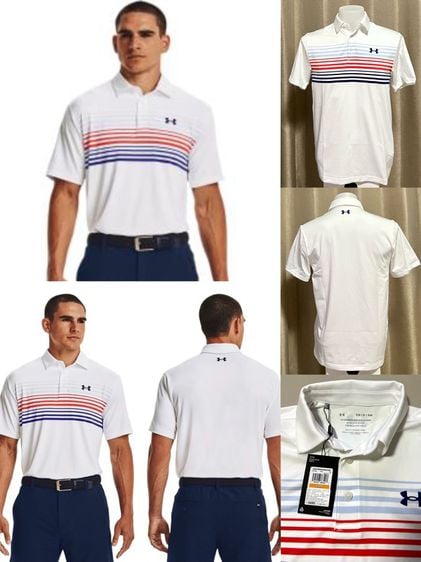 เสื้อกอล์ฟ Under Armour Men's UA Playoff 2.0 Shift Golf Polo Shirt สีขาวลายฟ้าส้มกรมแถบเล็ก Size S อก 38" วัดก่อนยืด MADE IN JORDAN