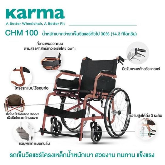 Soma รถเข็น รุ่นมาตรฐาน น้ำหนักเบา รุ่น CHAMPION 100 Lightweight Steel Wheelchair รูปที่ 4