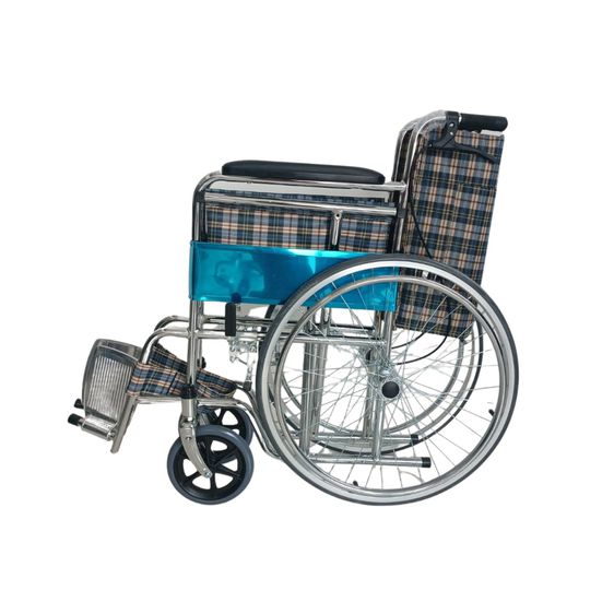 Wheelchair รถเข็น ผู้ป่วย ล้อซี่ลวด โครงเหล็กชุบ พับได้ รุ่นมาตรฐาน พร้อมเบรคมือ ลายสก็อต รูปที่ 3