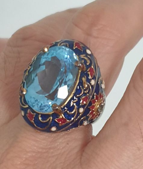 แหวนบูลโทพาสเรือนเงินแท้ถมทองลงยา รูปที่ 2