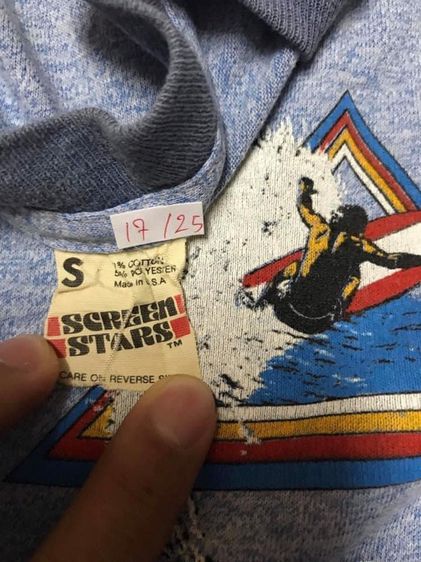 เสื้อยืดผ้าเนื้อทราย สีฟ้า สกรีนหน้า หลัง ลายคนเล่นเซิร์ฟ วิวทะเล ดอกไม้ MYRTLE BEACH S.C. ป้ายคอ SCREEN STARS รูปที่ 7