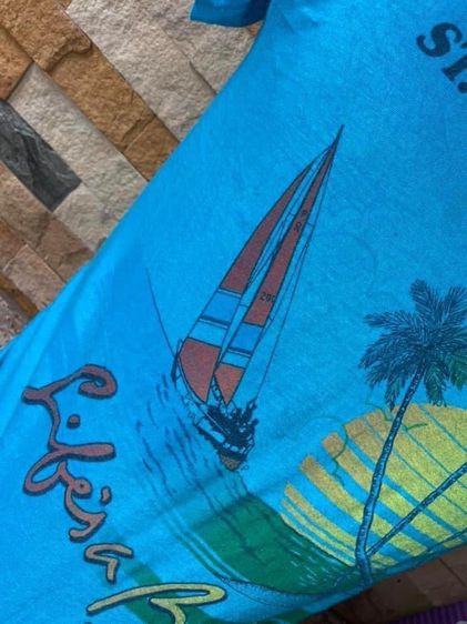 เสื้อยืดผ้าบาง สกรีนลาย เรือใบ ต้นมะพร้าว พระอาทิตย์ วิวทะเล ST. CROIX Life’s a Beach ผ้า 50 50 รูปที่ 7