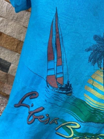 เสื้อยืดผ้าบาง สกรีนลาย เรือใบ ต้นมะพร้าว พระอาทิตย์ วิวทะเล ST. CROIX Life’s a Beach ผ้า 50 50 รูปที่ 6