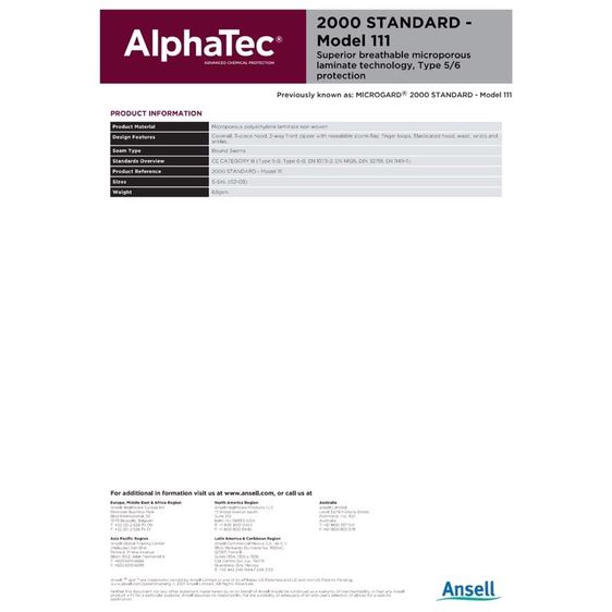 ชุดป้องกันสารเคมี ยี่ห้อ Ansell AlphaTec® 2000 STANDARD รูปที่ 4
