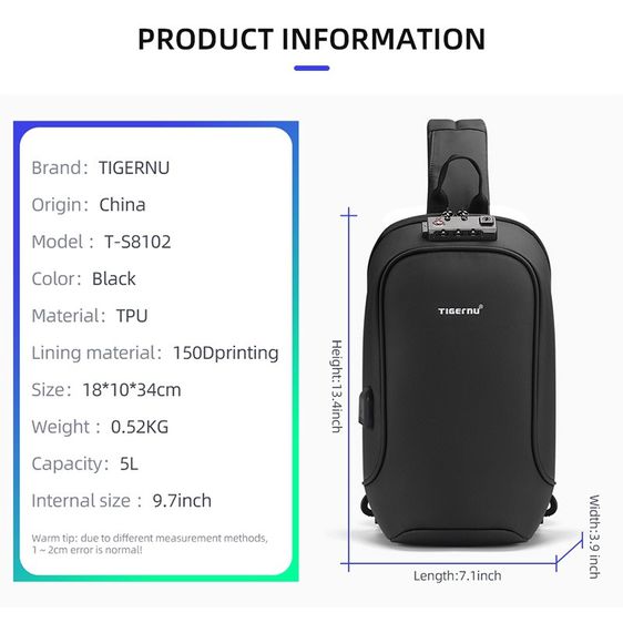 Tigernu กระเป๋าคาดอก กันขโมย กันน้ำ พร้อมพอร์ต USB  รูปที่ 8
