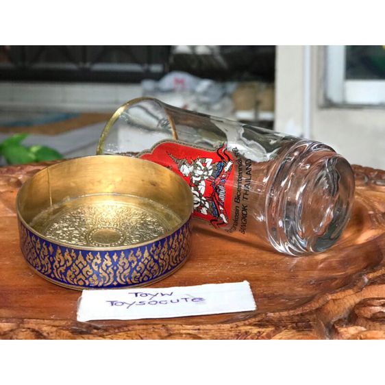 งานเก่า Antique Brass  ที่รองแก้ว ทองเหลืองลงยา ก้นด้านในตอกลายไทยลวดลายสวยงาม  รูปที่ 8