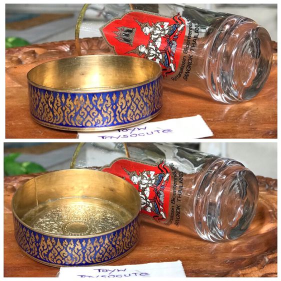 งานเก่า Antique Brass  ที่รองแก้ว ทองเหลืองลงยา ก้นด้านในตอกลายไทยลวดลายสวยงาม  รูปที่ 4