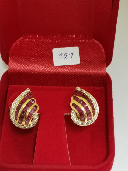 (127) ต่างหูทับทิมเเท้ เพชรเกสรเเท้ 30 เม็ด รวม 60 ตังค์ ทองเเท้ 18K  รูปที่ 8