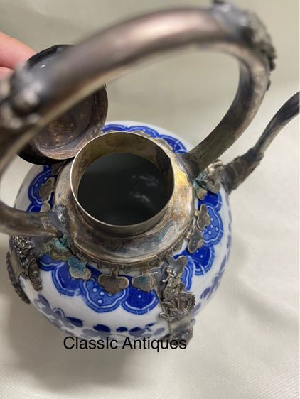 กาน้ำชา ลายคราม กระเบื้อง หุ้มกะไหล่เงิน รูปที่ 3