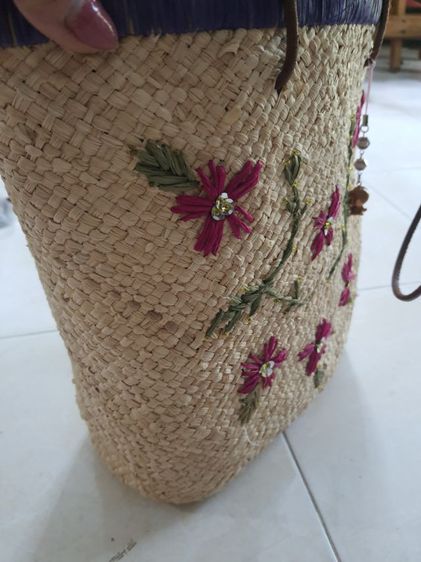 กระเป๋าสาน Le basiques du sac ปักลายดอกและเลื่อม บุผ้าซับใน สายหนังแท้  จากญี่ปุ่น รูปที่ 13