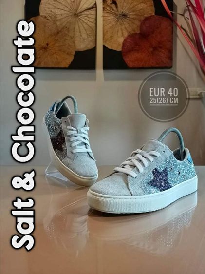 รองเท้าผ้าใบ หนังแท้ UK 6.5 | EU 40 | US 7 Salt and Chocolate 
Select Collection of Urban Man
Glitter Star Trainers Sneakers
(421830006)