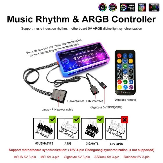 กล่องปรับไฟ Coolmoon ARGB Hub Controller 6 Pin Music Rythm and MB Sync with Remote รูปที่ 4