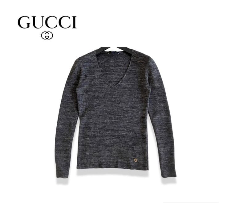 GUCCI Wool Lamé V-Neck Pullover  Brown Gray