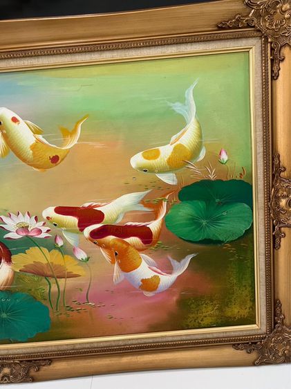 ภาพสีน้ำมัน รูปปลาคราฟ 9 ตัว ในบ่อบัว พร้อมกรอบ รูปที่ 5