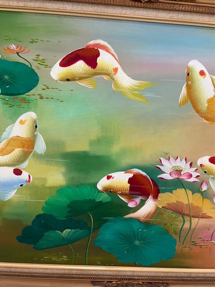 ภาพสีน้ำมัน รูปปลาคราฟ 9 ตัว ในบ่อบัว พร้อมกรอบ รูปที่ 3