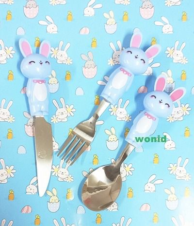 ช้อนเด็กส้อมมีดกระต่ายสแตนเลส Stainless steel spoon fork knife Rabbit cutlery set  for kids dinnerware รูปที่ 16