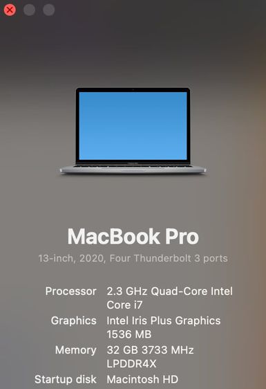 Used Macbook Pro 2020 13in 2.3GHz i7 32GB 2TB Storage