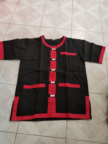  เสื้อผ้าฝ้ายสีดำแถบแดง เสื้อพื้นเมืองชายหญิง S-3xl รูปที่ 2