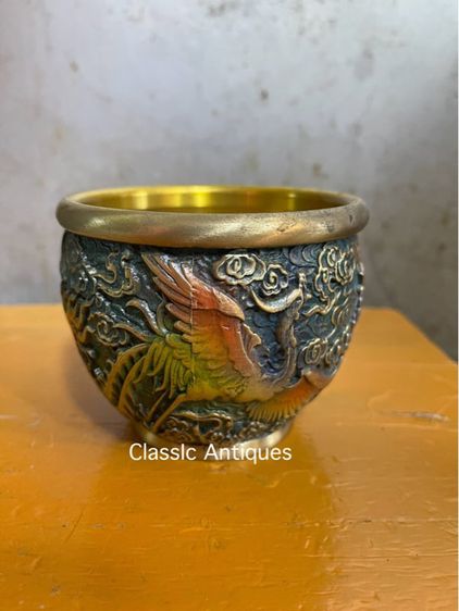 ถ้วยลายหงษ์ฟ้าทองเหลืองลงยา