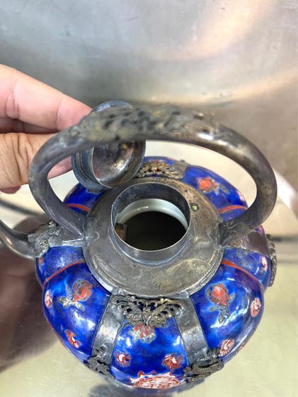 กาน้ำชาฟักทองกระเบื้องหุ้มกะไหล่เงินA2 รูปที่ 5