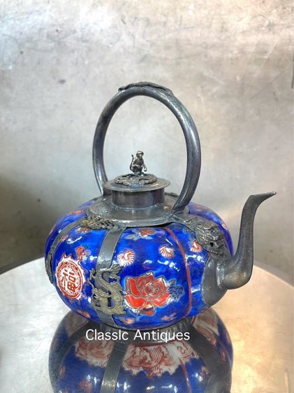 กาน้ำชาฟักทองกระเบื้องหุ้มกะไหล่เงินA2 รูปที่ 3