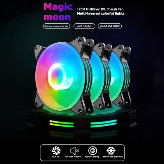 อื่นๆ Coolmoon Magic Moon Fan Case 12 cm RGB 4PIN MOLEX พัดลมเคสคอมพิวเตอร์ ไม่ต้องต่อกล่องรีโมท ของใหม่ ไฟสีรุ้งวิ่งคงที่ สีสวยมาก