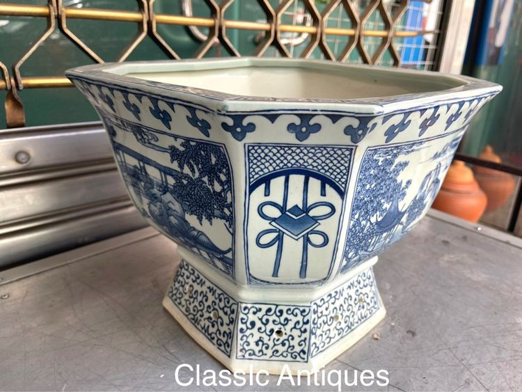 กระถางกังไสลายครามแปดเหลี่ยม ใบใหญ่ รูปที่ 2