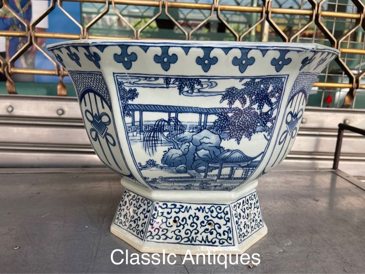 กระถางกังไสลายครามแปดเหลี่ยม ใบใหญ่ รูปที่ 3