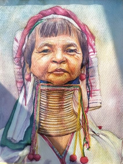 ภาพวาดสีน้ำในกรอบไม้ ชื่อภาพ "แม่อุ๊ยเผ่ากระเหรี่ยงคอยาว (Longneck Karen's old woman)  