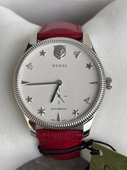 GUCCI G-Timeless Automatic Silver Dial Red Leather Strap Unisex Watch YA126346