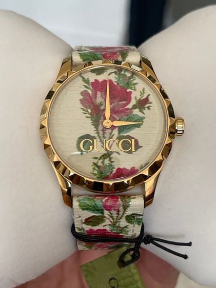 ขาว Gucci G Timeless Watch YA1264084 126.4 SS GP Leather Flower Quartz Ladies