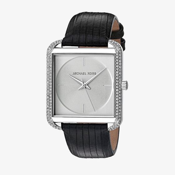 ดำ MICHAEL KORS นาฬิกาข้อมือผู้หญิง รุ่น MK2583 Lake Silver Glitz - Black Leather Strap