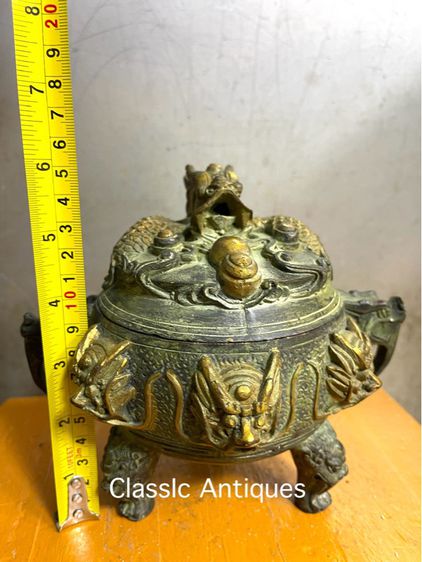 กระถาง กำยาน มังกรเก้าหัว ทองเหลืองลงเขียวปัดทอง A71 รูปที่ 9