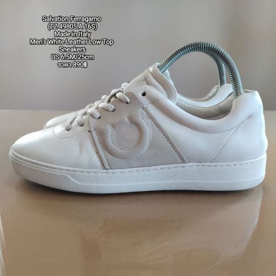 หนังแท้ ขาว Salvation Ferragamo (TZ 49805 A 16S) Made in Italy Men's White Leather Low Top Sneakers US 6.5Mยาว25cm ราคา 890฿