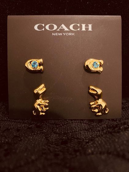Set ต่างหู Coach Signature 2 Pairs Goldtone  Glass Stone Rexy Earring Set แบบติดหู ลายซี ประดับคริสตัล ไดโนเสาร์ รูปที่ 2