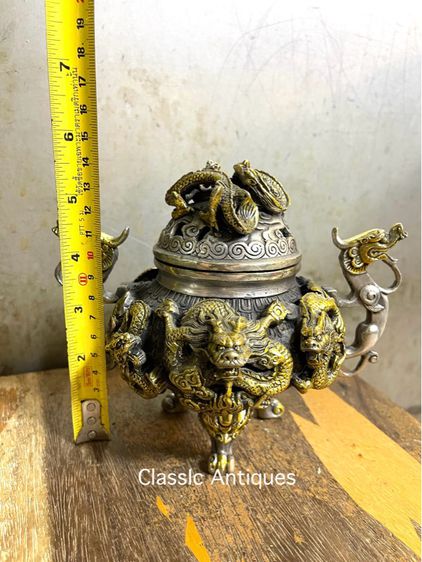 กระถาง กำยาน มังกรทองเหลือง กะไหล่เงิน A66 รูปที่ 9