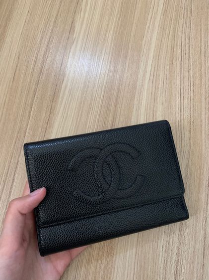 CHANEL CC Logo Trifold Wallet Purse Caviar Skin Leather Black รูปที่ 2