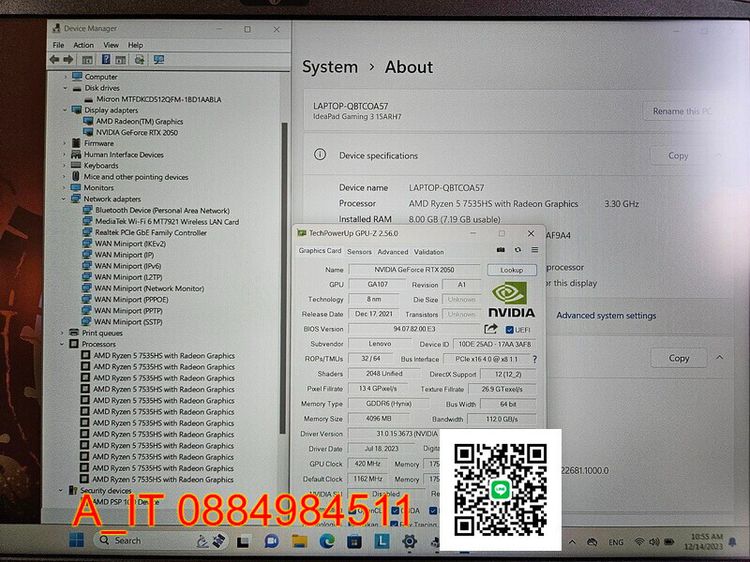 Lenovo IdeaPad Gaming3 15ARH7 RYZEN5 7535HS RTX 2050 (4GB) เครื่องตัวโชว์ สภาพสวยประกัน Onsite MAR 2025 รูปที่ 9