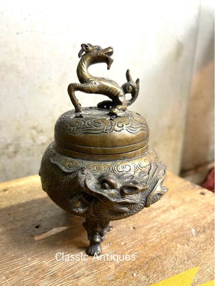 กระถาง กำยาน ทองเหลือง สลักลาย มังกรสะสมA41