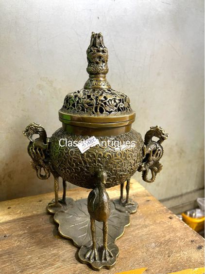 กระถาง กำยาน หัวมังกรฐานนก ทองเหลืองสะสม A51 รูปที่ 10