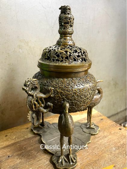 กระถาง กำยาน หัวมังกรฐานนก ทองเหลืองสะสม A51 รูปที่ 8