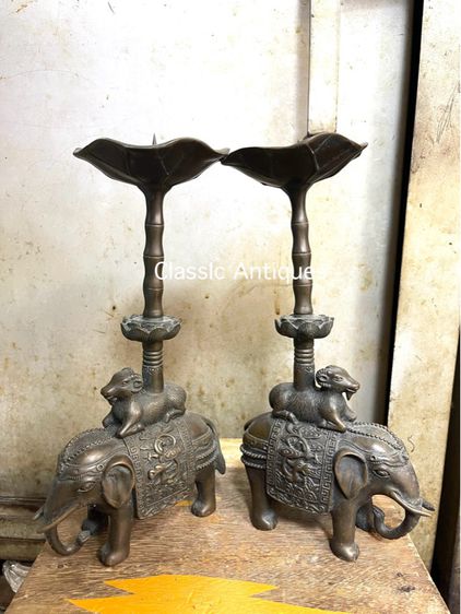 เชิงเทียน ช้างคู่ ทองเหลืองสะสม