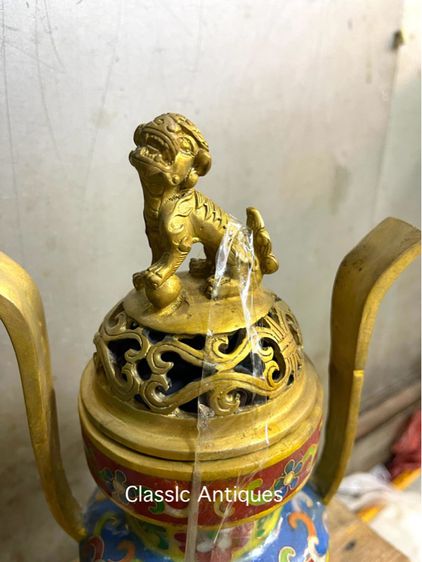 กระถาง กำยาน หัวสิงห์ทองเหลืองถมปัดสะสม A18 รูปที่ 2