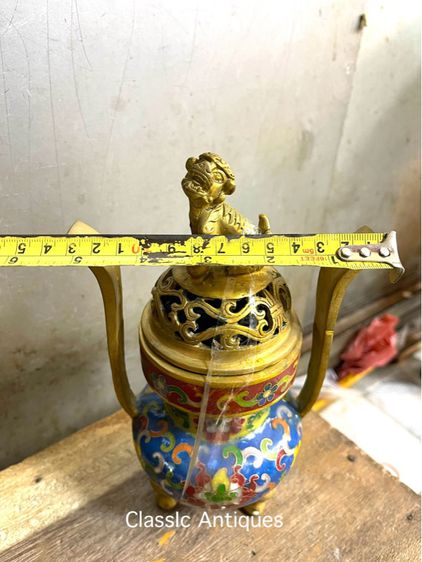 กระถาง กำยาน หัวสิงห์ทองเหลืองถมปัดสะสม A18 รูปที่ 8