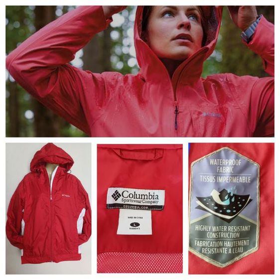อื่นๆ เสื้อแจ็คเก็ต | เสื้อคลุม แดง แขนยาว Columbia Hooded Waterproof Jacket Women Size L Packable