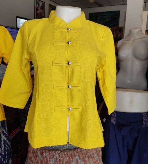 เสื้อผ้าฝ้ายแขนสามส่วนสีเหลืองลายแถบ เสื้อพื้นเมืองผู้หญิง S-3xl รูปที่ 4
